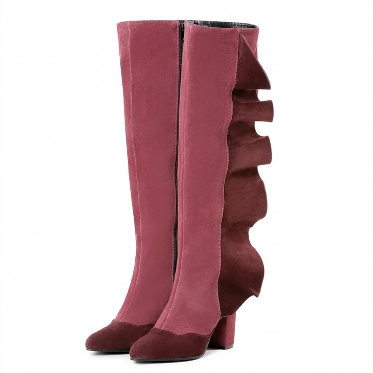 Pink and Burgundy Vegan Suede Boots Chunky Heel Calf Length Boots |FSJ Shoes