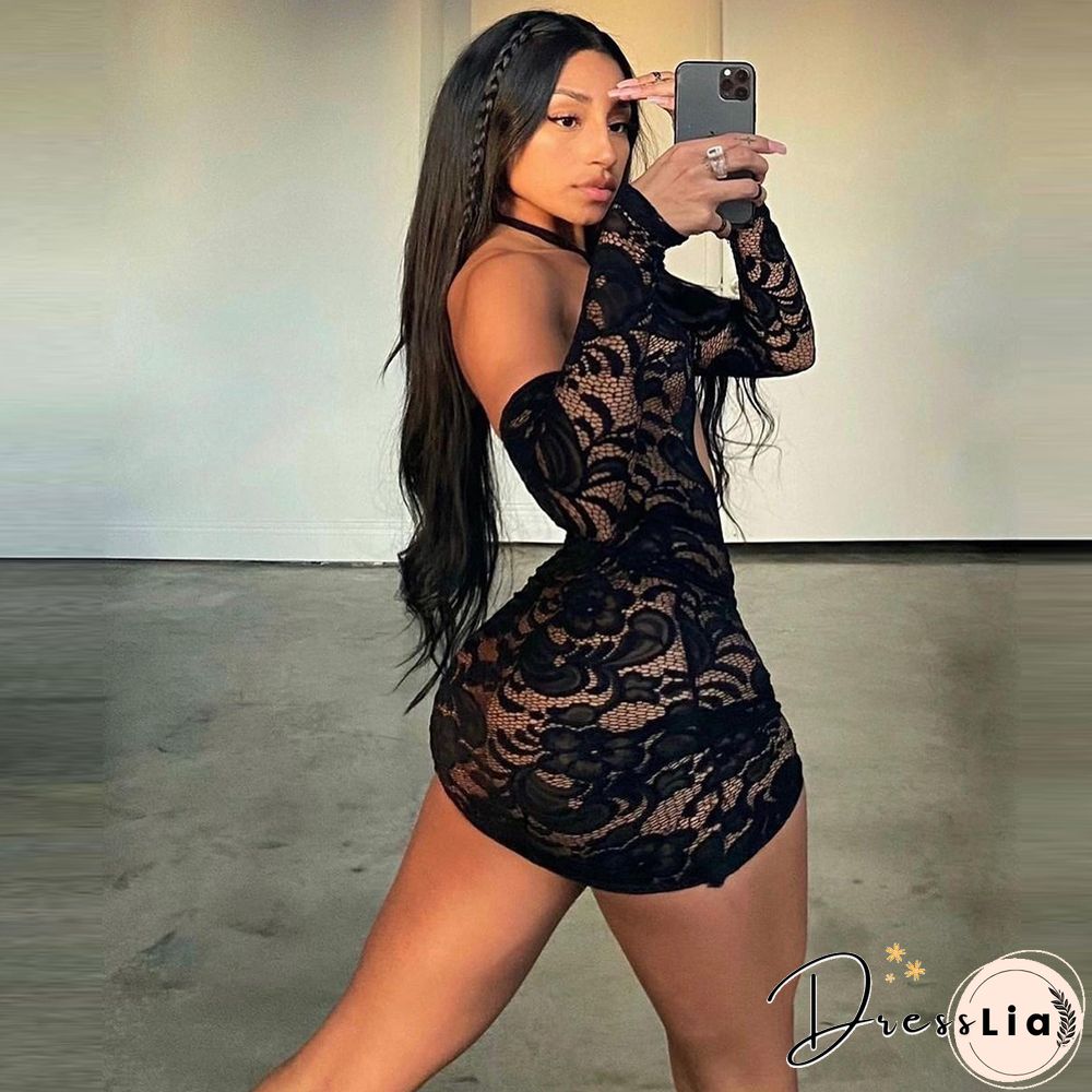 Lace Drawstring Ruched Long Sleeve Backless Dresses