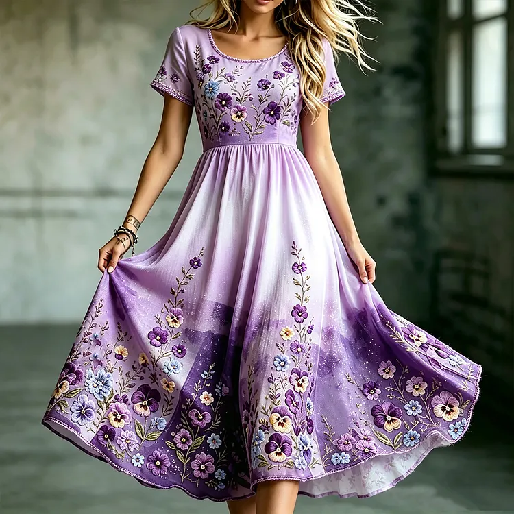 Women's Retro Pansy Art Pattern Casual Dress