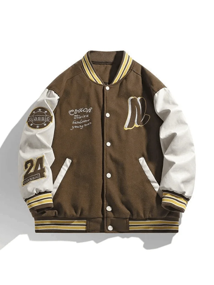 Brownm Men's Embroidery Button-Up Varsity Jacket