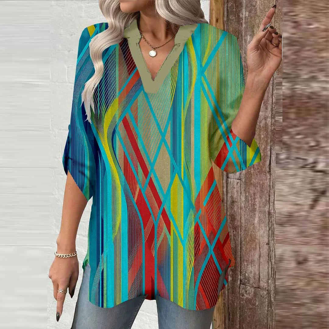 Women Texture, Green, Red DZGA0696 3/4 Sleeve V-neck Printed Graphic Button Tops