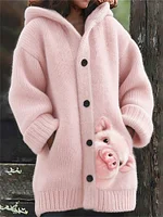 Lovely Peeking Pig Print Cozy Hooded Cardigan