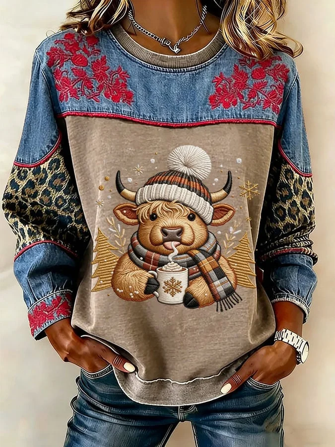 Women's Western Print Crew Neck Sweatshirt 