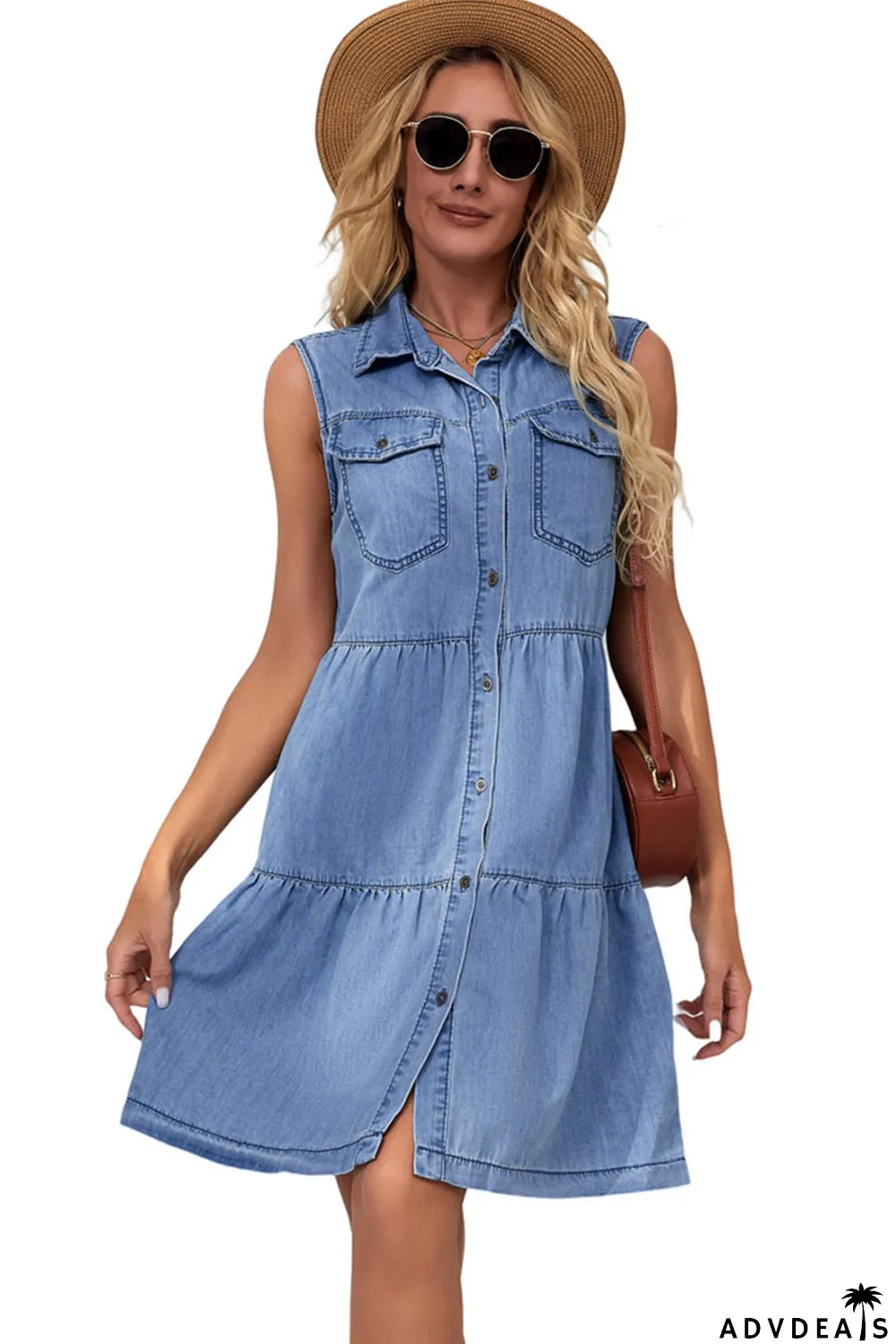 Sky Blue Flap Pockets Button up Sleeveless Denim Dress