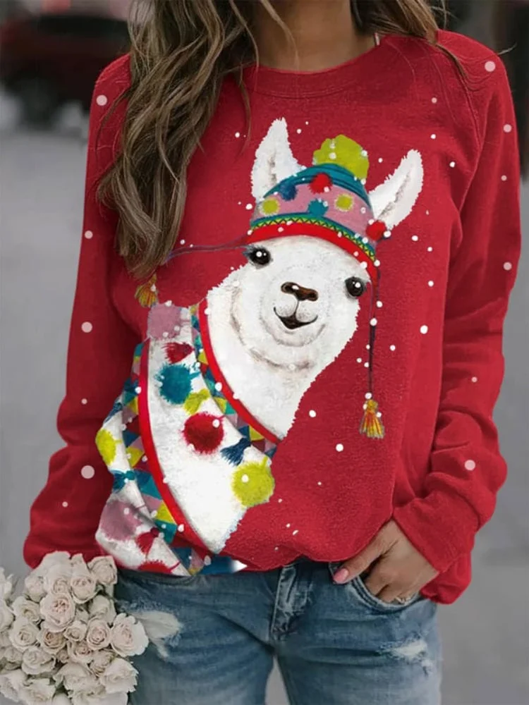 VChics Funny Christmas Alpaca Print Casual Sweatshirt