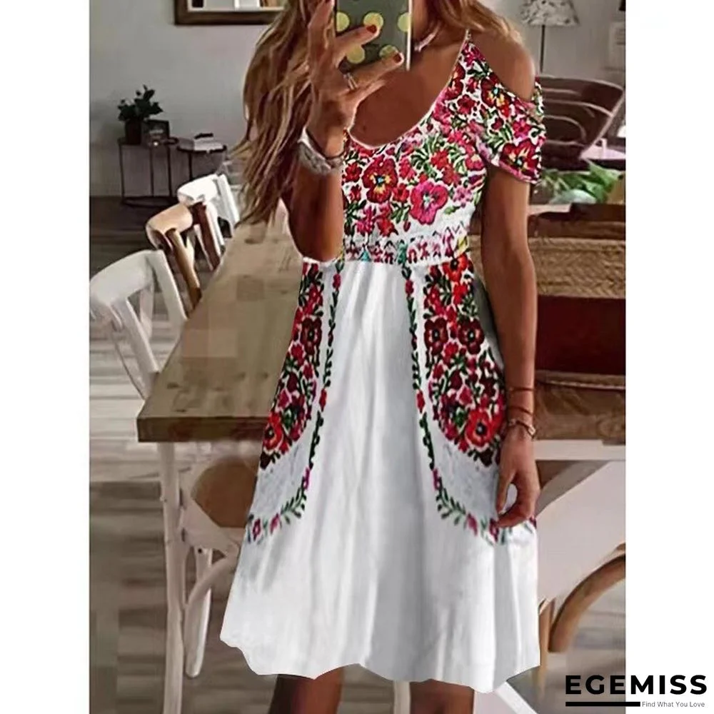 New Bohemian V-neck Stitching Pleated Off-the-shoulder Short Sleeve Dress for Women | EGEMISS