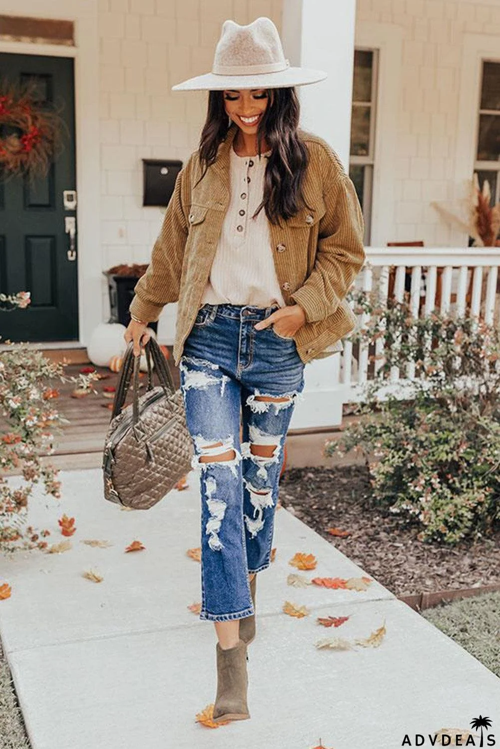 Ribbed Corduroy Long Sleeve Jacket with Pocket