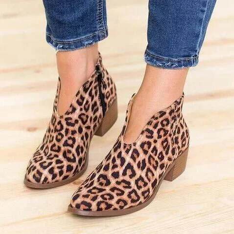 women's boots fashion Shoes Leopard Print Sexy Pointed Toe Ankle Boots Slip on Deep V High Heel Martin boots Lady Party Shoes