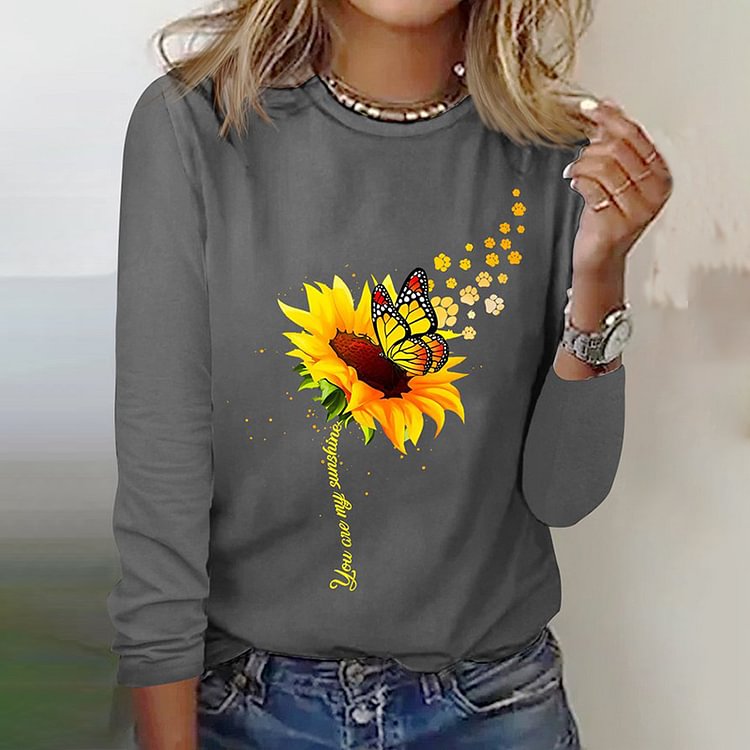 Comstylish Butterfly Paw Print Blooms Sunflower Simple T-Shirt