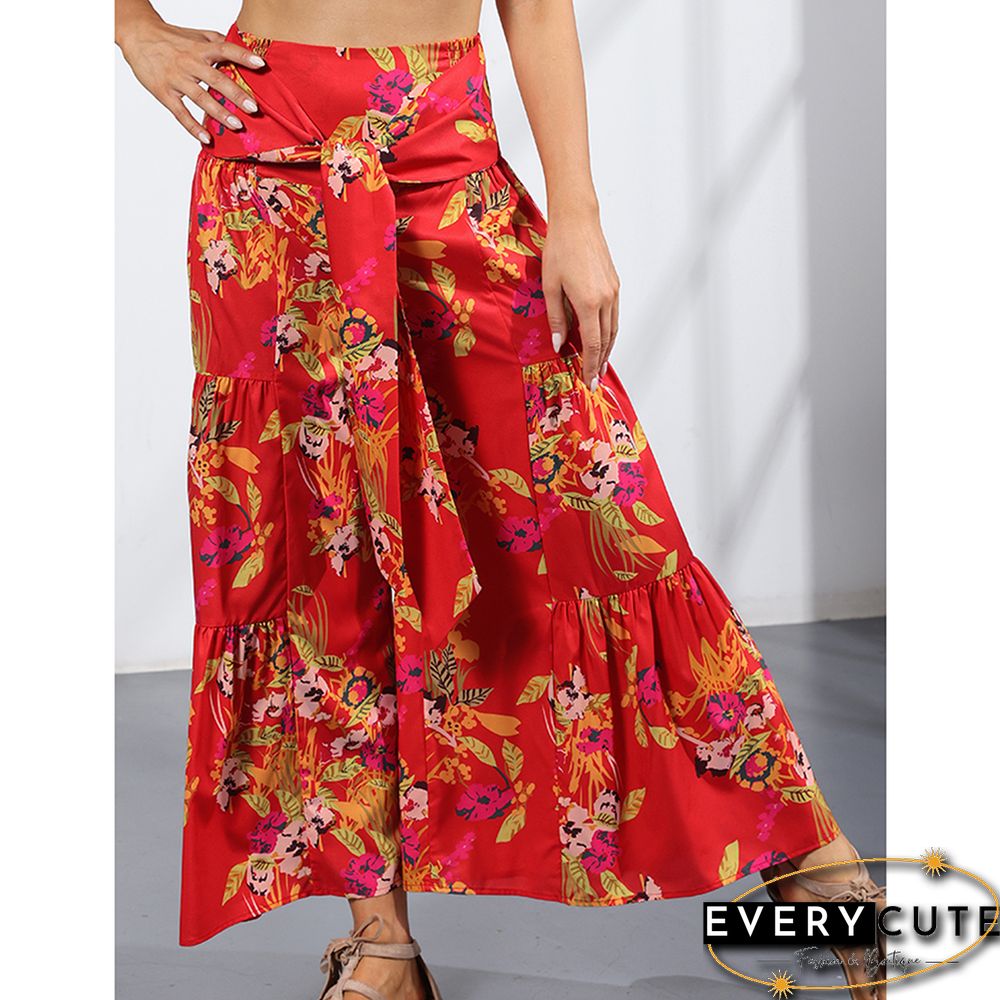 Red Digital Print Cropped Wide Leg Boho Pants with Tie