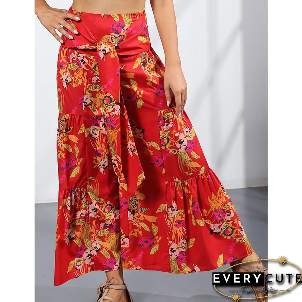 Red Digital Print Cropped Wide Leg Boho Pants with Tie