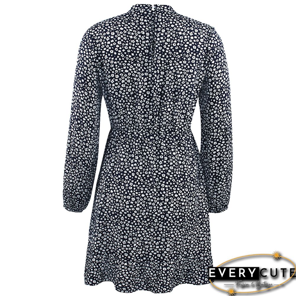 Navy Blue Ruffles Hem Long Sleeve Floral Dress