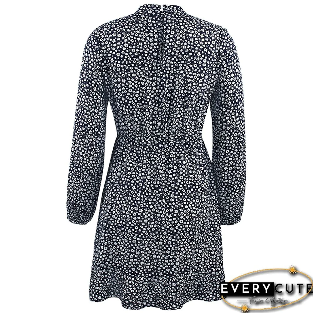 Navy Blue Ruffles Hem Long Sleeve Floral Dress