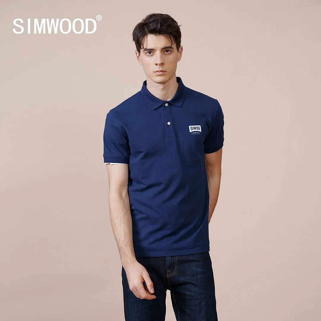 SIMWOOD 2021 Summer New Regular Fit Polo Shirts Men Logo Print 100% Cotton Tops Plus Size Breathable Quality Polo Brand Clothing