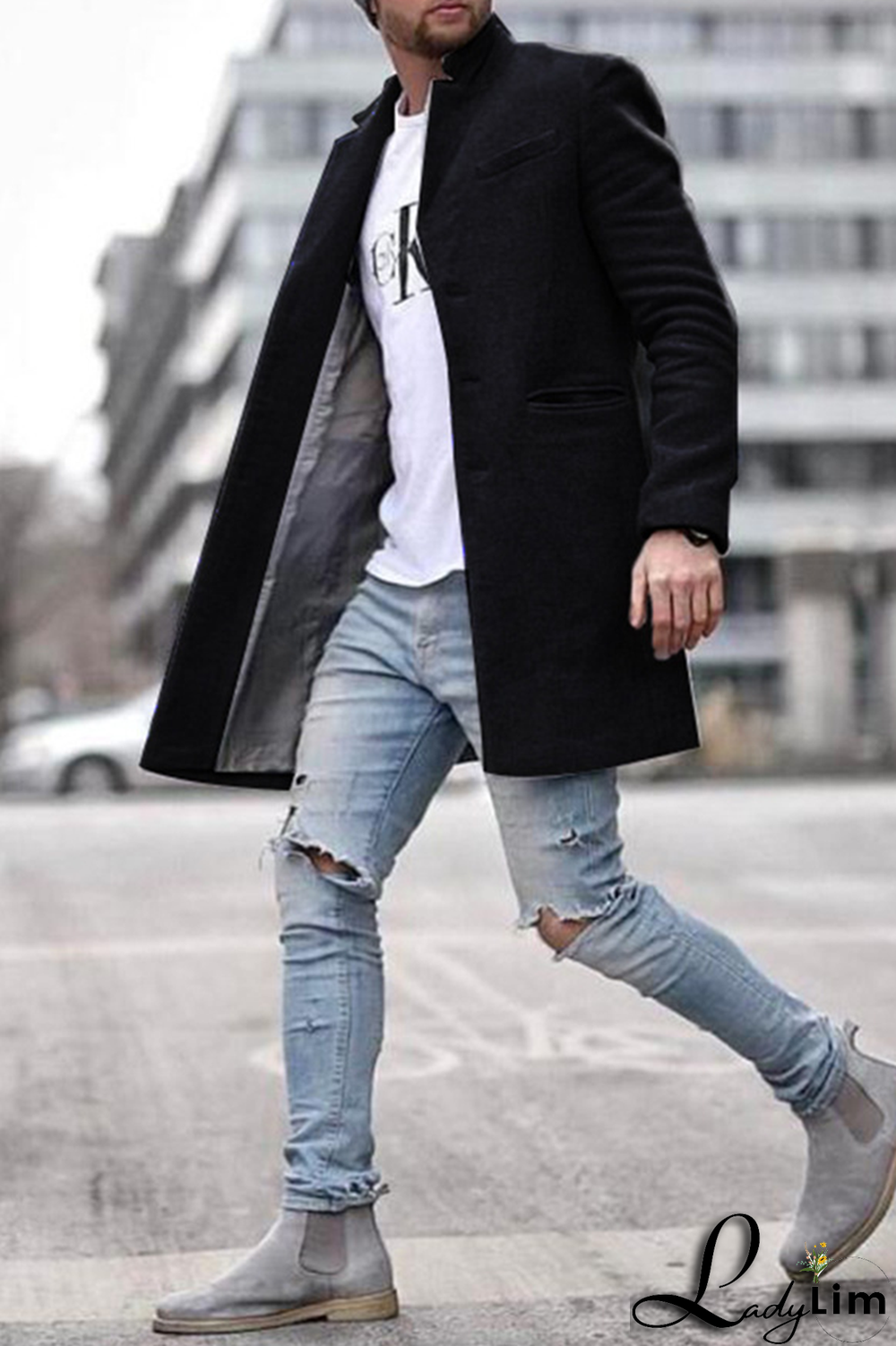 Black Fashion Solid Pocket Buckle Turndown Collar Outerwear