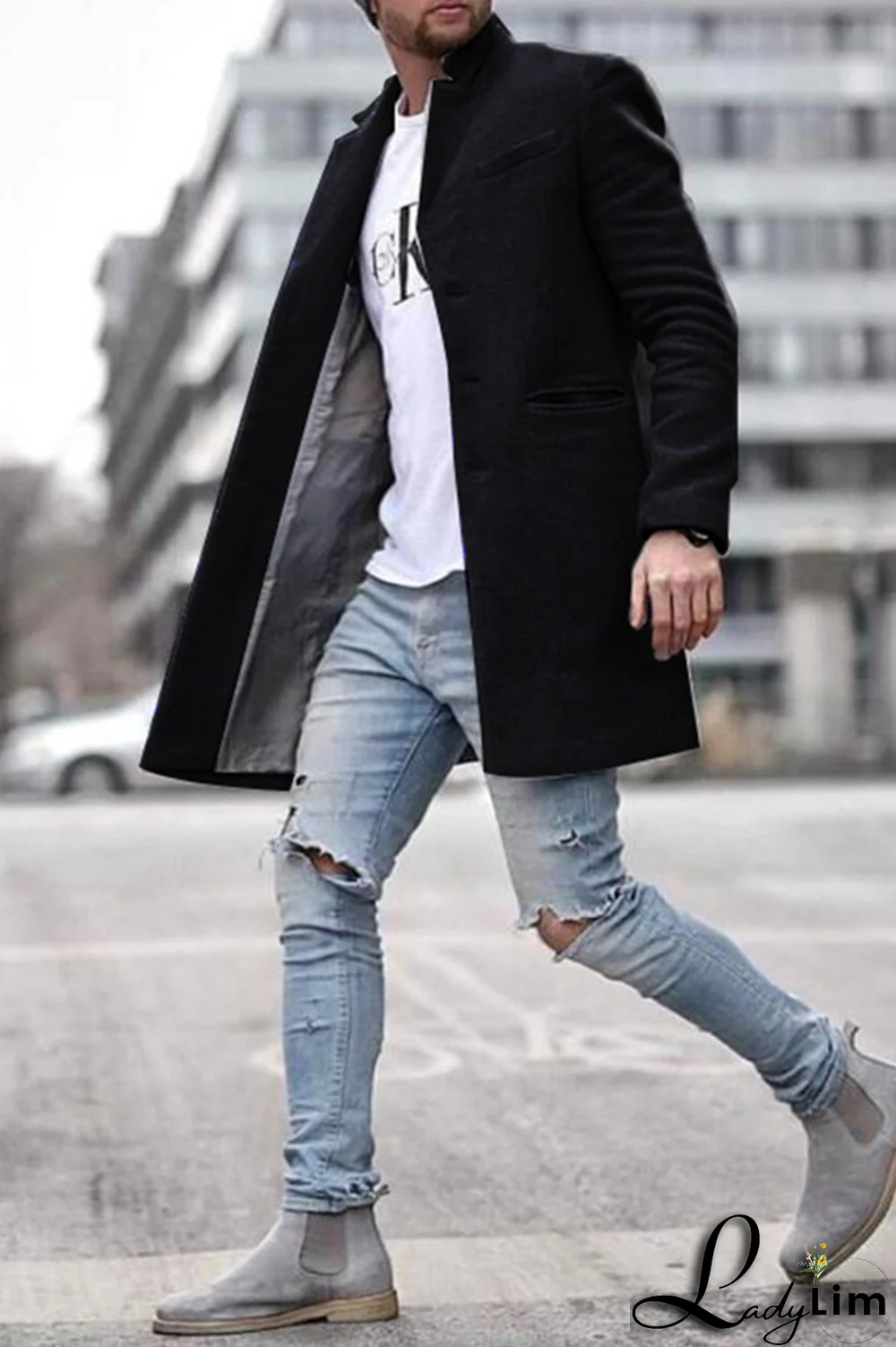 Black Fashion Solid Pocket Buckle Turndown Collar Outerwear