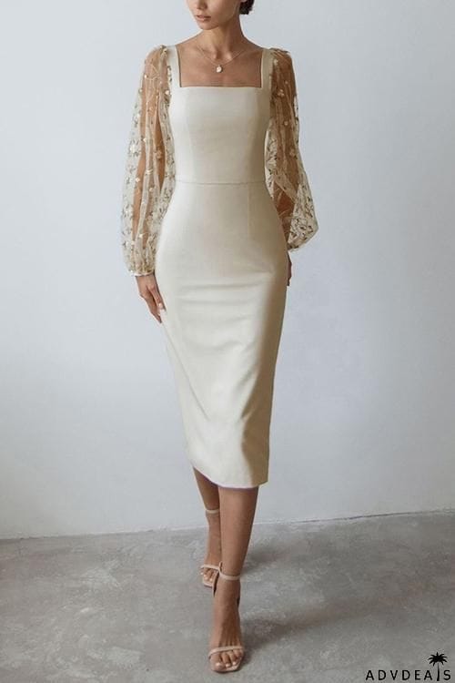 Tulle Sleeve Square Neck Bodycon Midi Dress