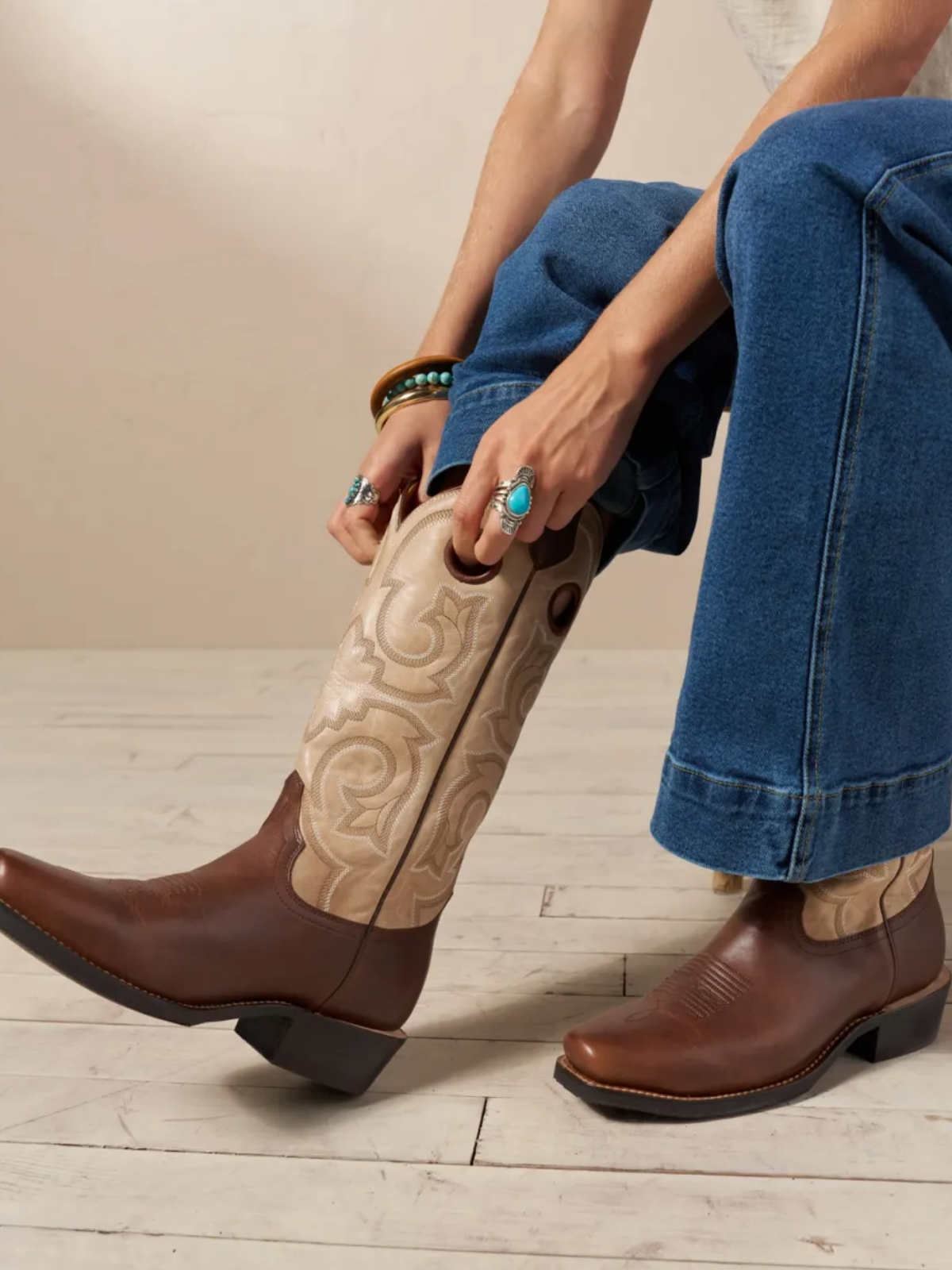 Taafo Contrast Cafe And Bone Square-Toe Embroidery Cutout Wide Mid Calf Cowgirl Boots