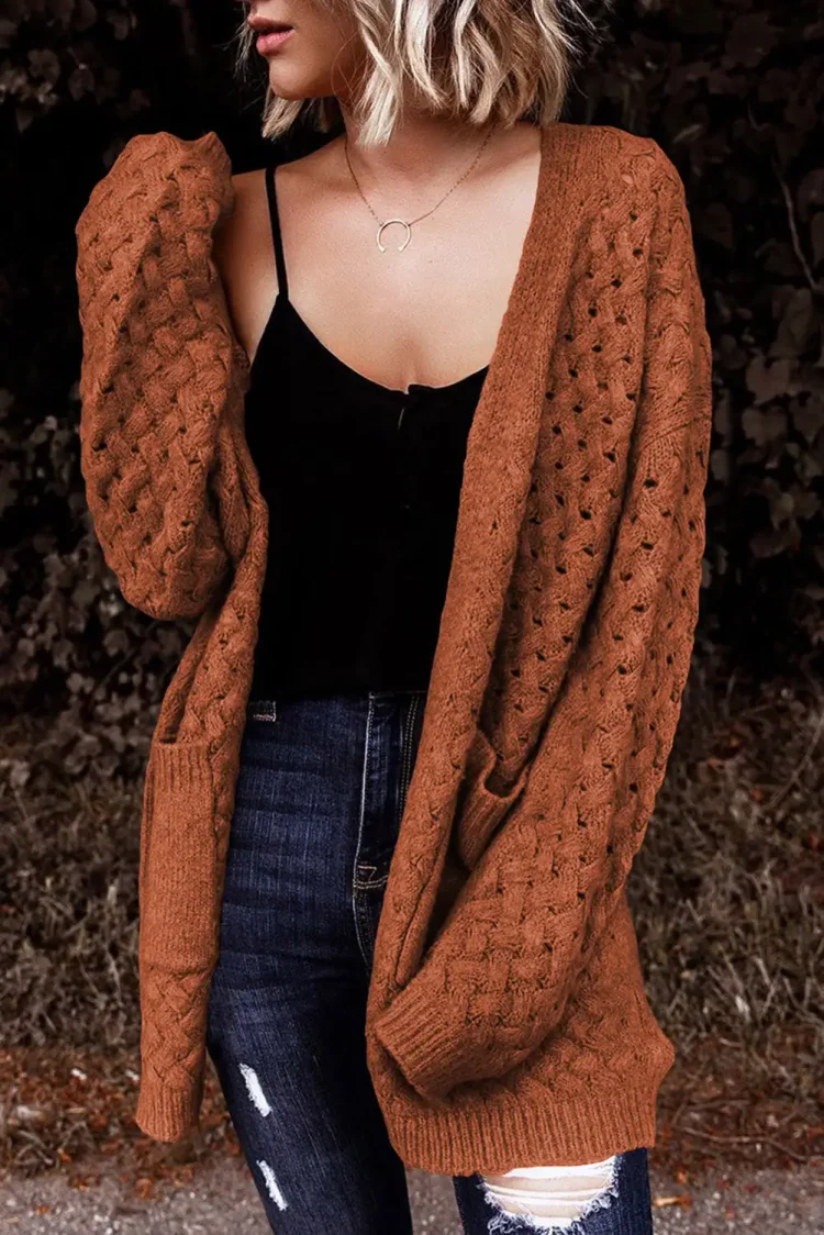 chic brown woven texture knitted cardigan