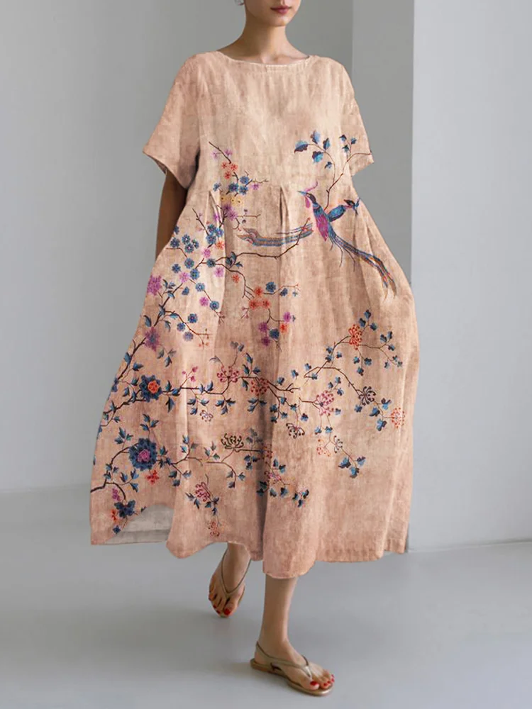 Comstylish Vintage Floral & Bird Pattern Women's Linen Long Dress