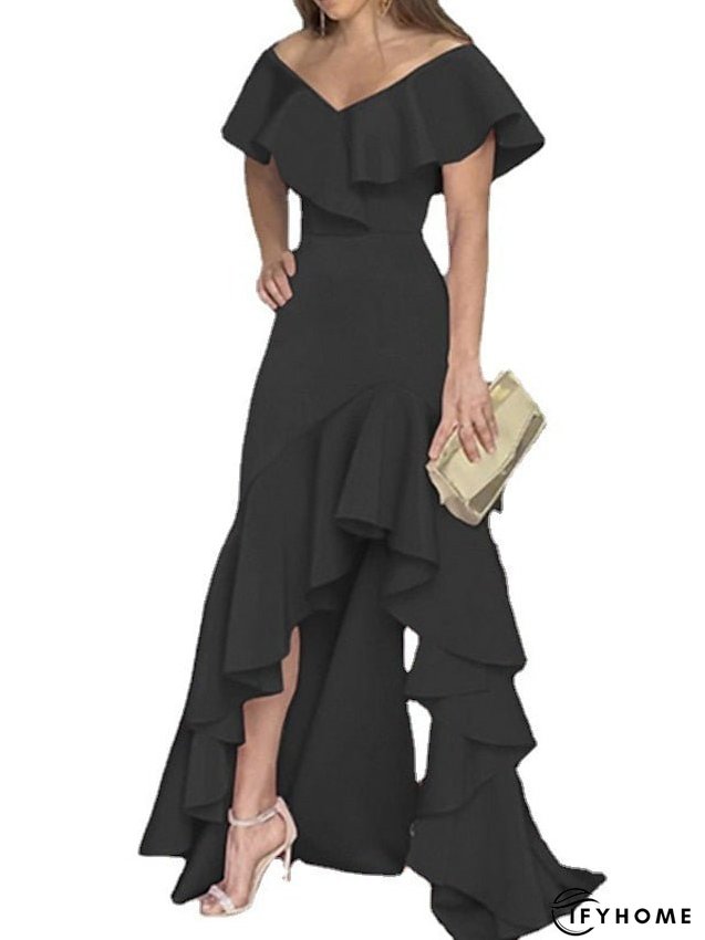 Party Dress Maxi long Dress Green Black Wine Fuchsia Dark Blue Short Sleeve Pure Color Ruffle Plus High Low Fall Spring V Neck Elegant Formal Party S M L XL XXL 3XL 4XL 5XL for Women | IFYHOME