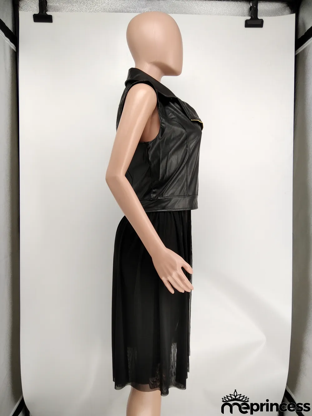 Autumn Black Leather Mesh Patchwork Sleeveless Jacket