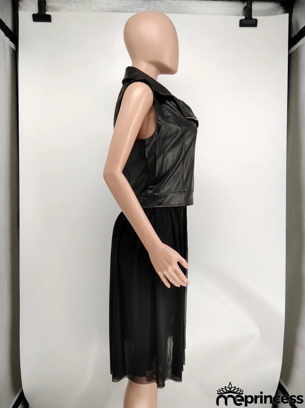 Autumn Black Leather Mesh Patchwork Sleeveless Jacket