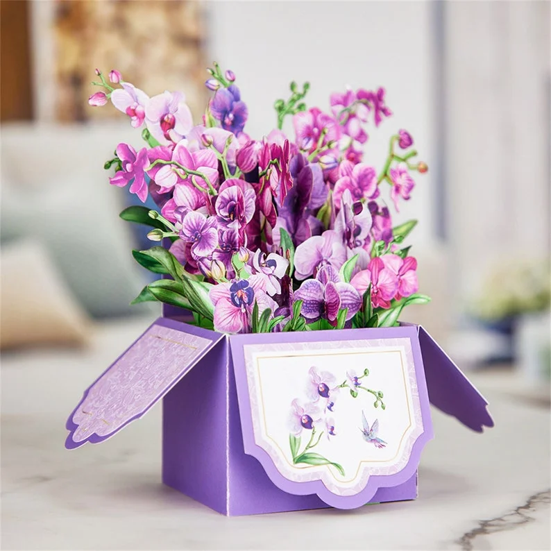 Orchids Flowers Pop-Up Box Card,Personalized Handmade,Perfect Gift For Mother,Valentine's,Wedding Greeting Card, Anniversary3D Pop Up Card