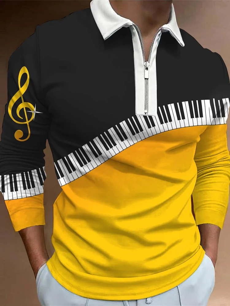 Men's Zipper Music Print PoLo Shirt