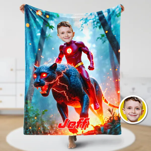Custom Leopard Tamer Hero Flash Boy Blankets Personalized Face & Name Hero Blanket Gifts For Boys