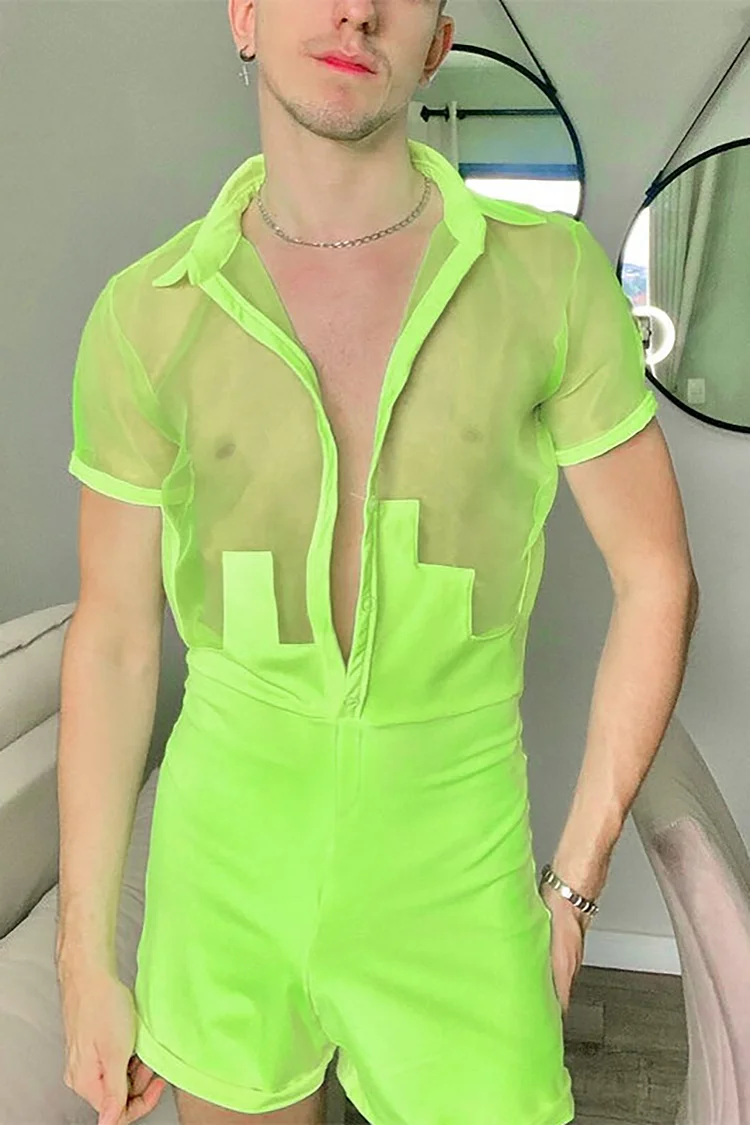 Men's Lime Green See Through Short Sleeve Romper Suit