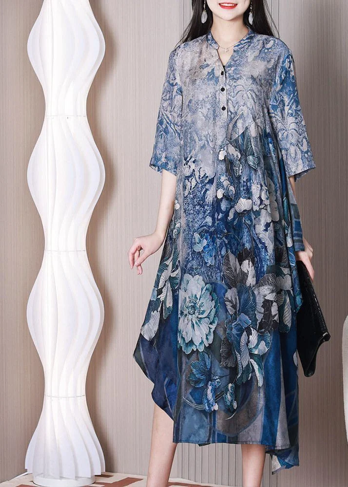 Blue Print Silk Holiday Dress Asymmetrical Exra Large Hem Half Sleeve