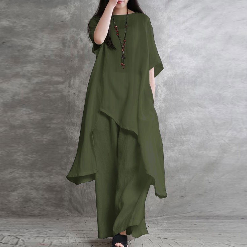 Simple Cotton Linen Short Sleeve Top and Pants Suits
