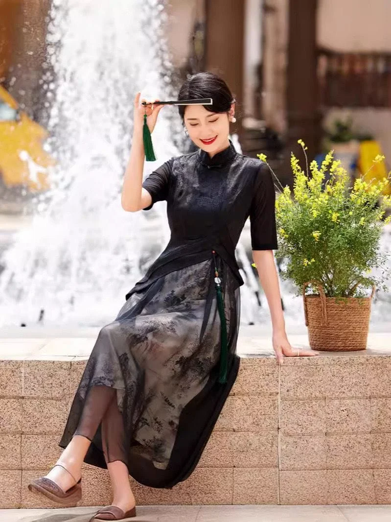 Chinese water painting pattern, long A-line Cheongsam