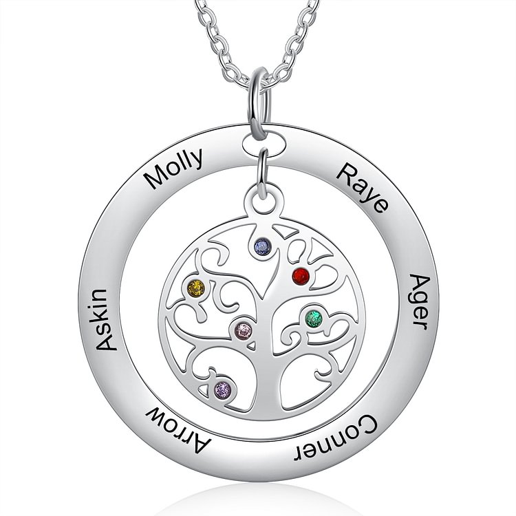 Collar con colgante de árbol de la vida Árbol genealógico 6 nombres con 6 piedras de nacimiento