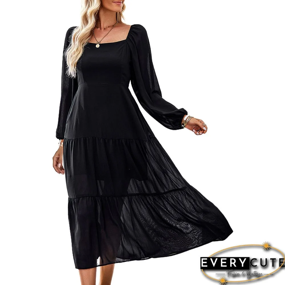 Black Solid Square Neck Pocket Long Sleeve Dress