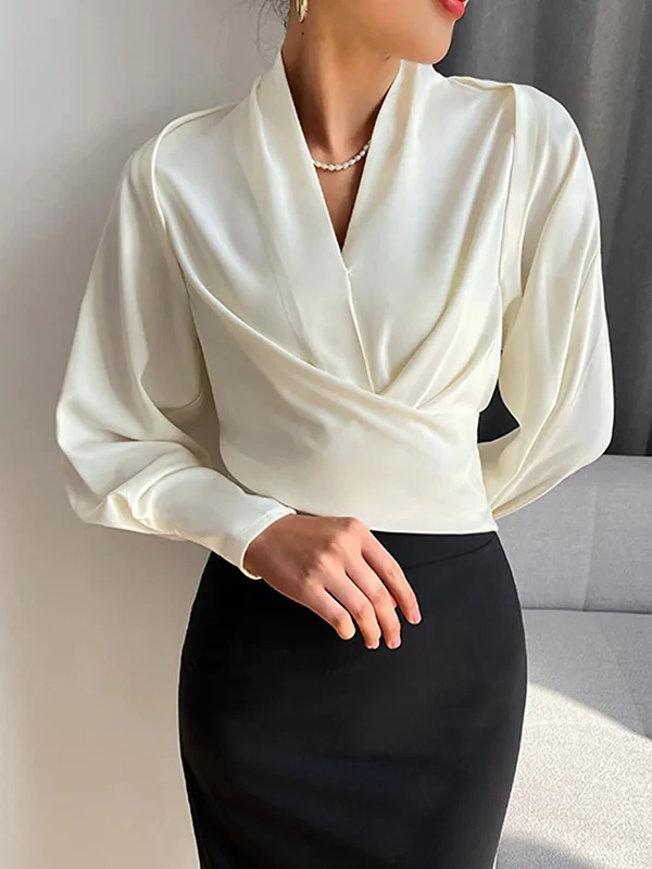 Long Sleeves Solid Color Zipper V-neck Blouses&shirts Tops