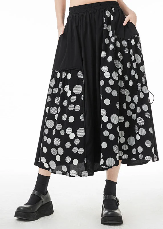 Style Black Asymmetrical Drawstring Pockets Dot Print A Line Skirt Summer