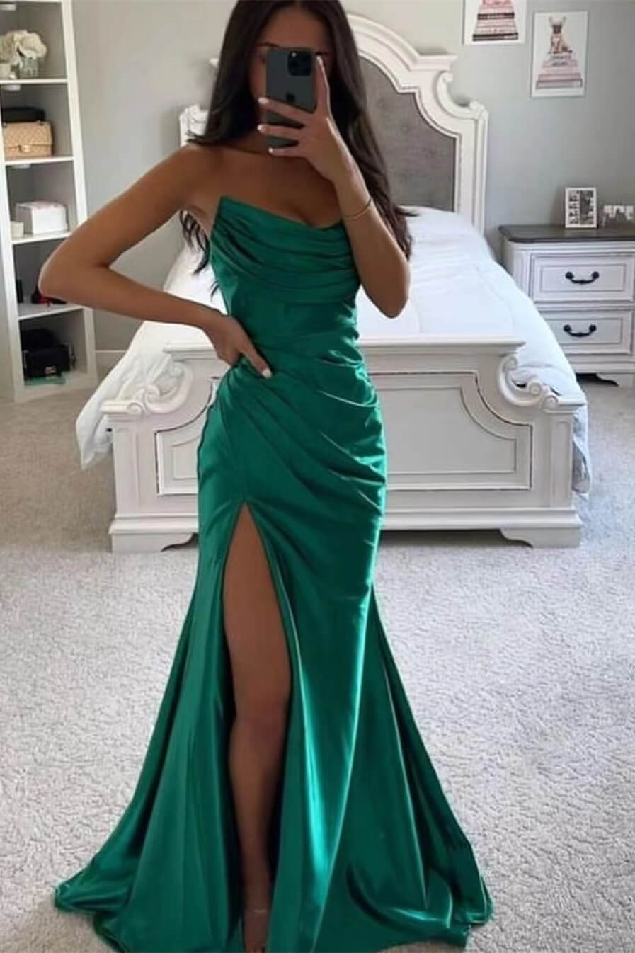 Miabel Emerald Green V-Neck Long Mermaid Prom Dress With Split
