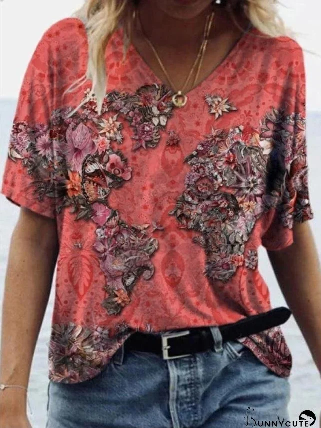 Fashion Map Printed V-neck Short-sleeved T-shirt