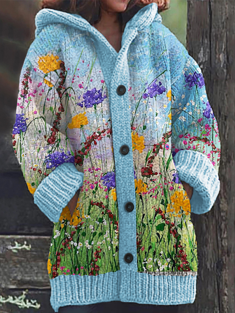 Comstylish Oil Painting Flower Print Knitted Hooded Cardigan