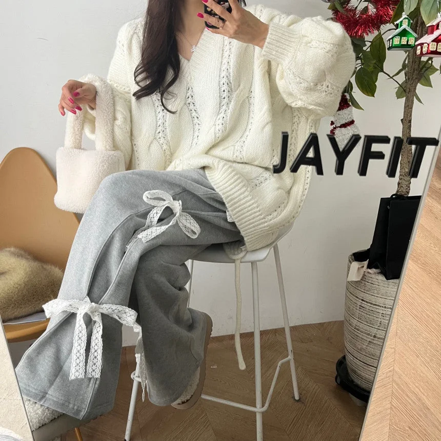 Zingj Side Lace Bow Tie  Baggy Sweatpants-Outfit Ideas