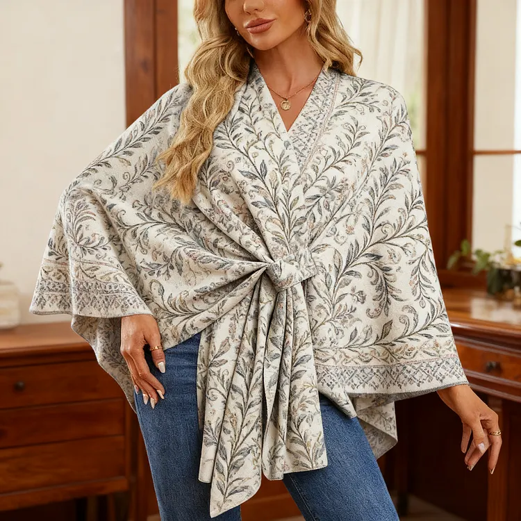 Vintage printing Elegant Shawl Wraps Soft Open Front Poncho Sweater 