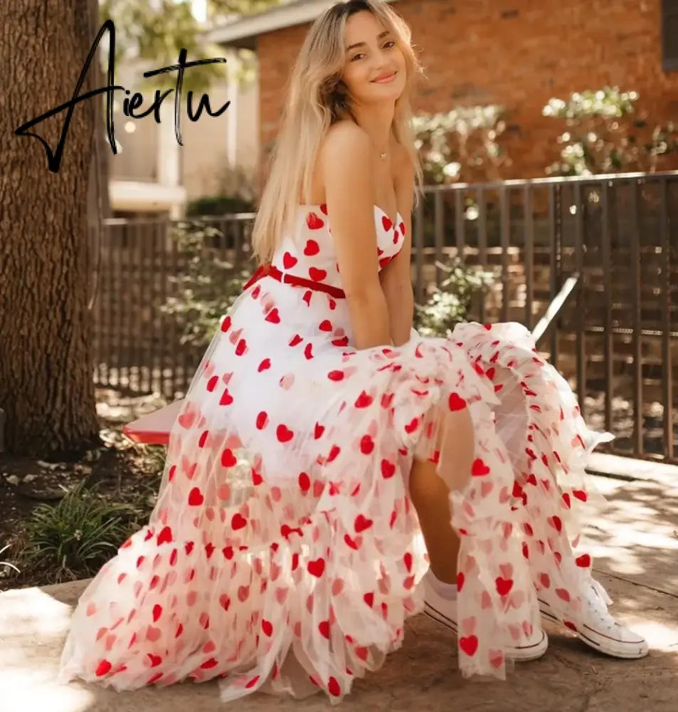 Women Sexy Off Shoulder Heart Print Tulle Dress Sleeveless High Waist Mesh Stitching Ruffle Hem Puffy Dress for Valentine's Day Aiertu