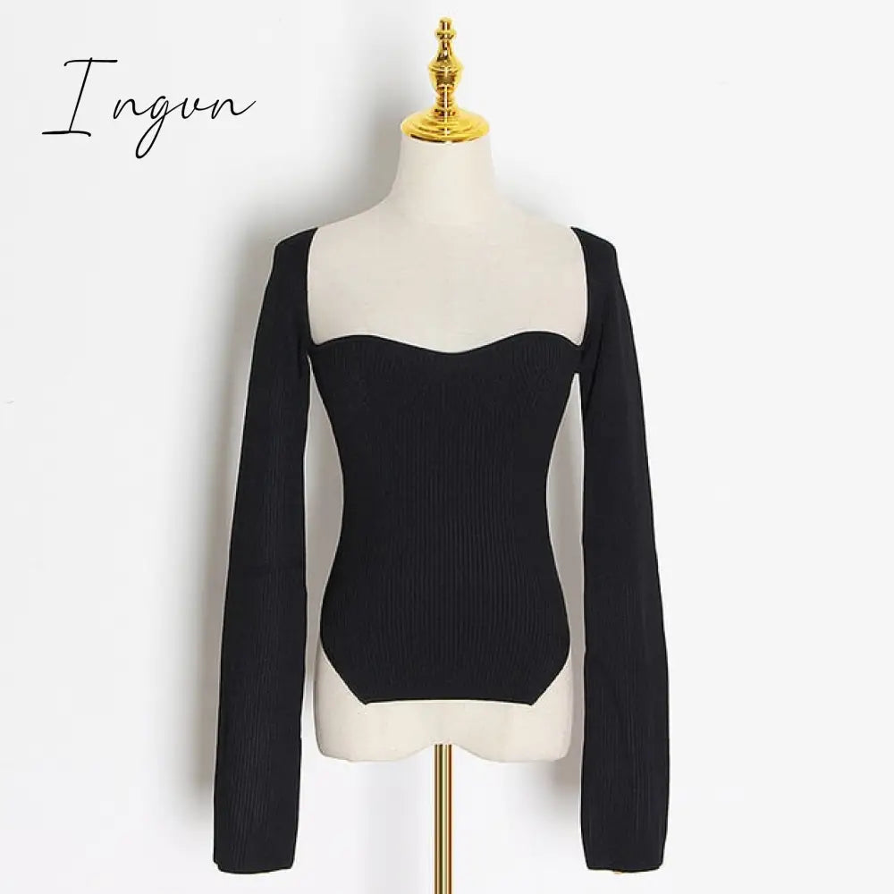 Ingvn - White Side Split Knitted Women’s Sweater Square Collar Long Sleeve Sweaters Female Autumn