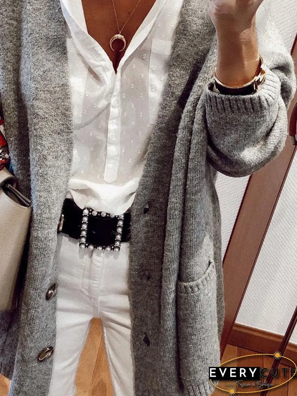 Knitting Pockets Buttoned Casual Loosen Long Sleeve Cardigan Sweater
