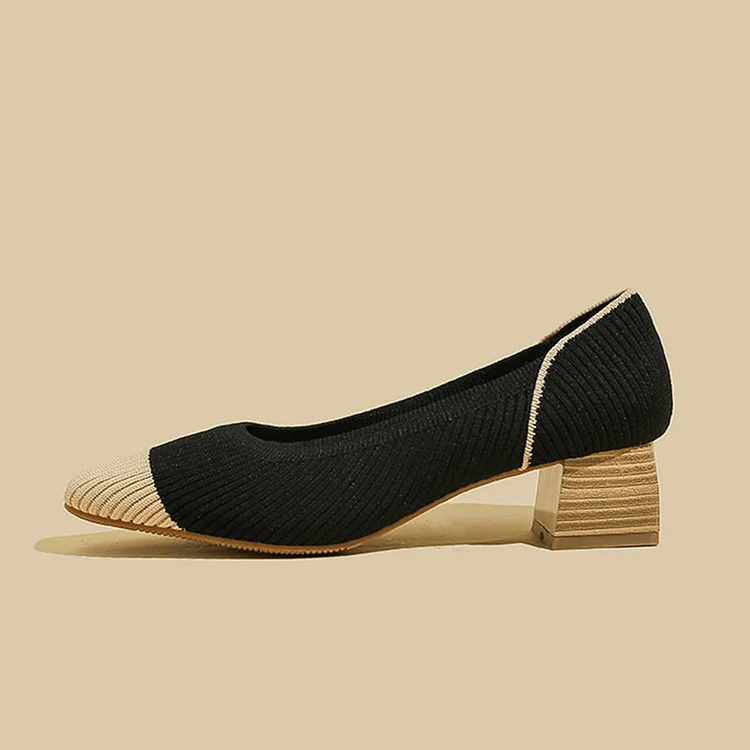 Stunahome V-KNIT Black Apricot Square-Toe Block Heel   Stunahome.com