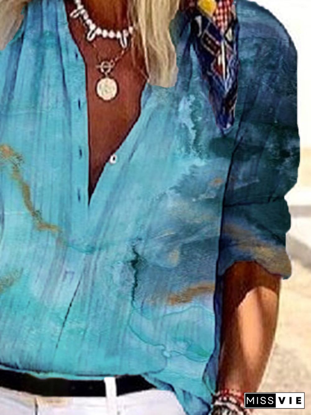 Vintage 3/4 Sleeve Geometric Printed V Neck Plus Size Casual Tops