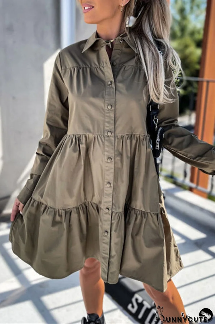 Casual Buckle Turndown Collar Shirt Dress Dresses(4 Colors)