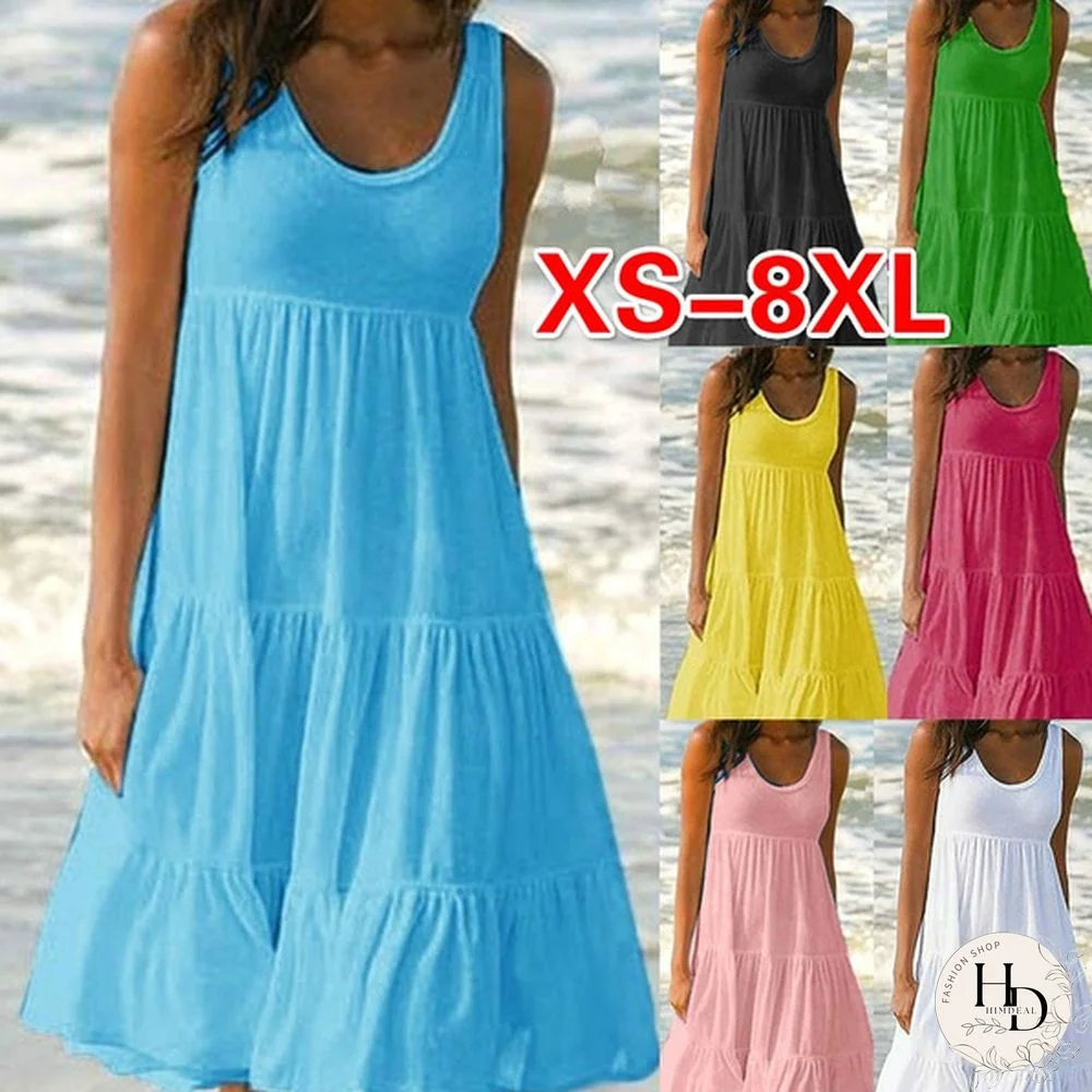 Summer Dresses Plus Size Fashion Clothes Women's Casual Sleeveless Dress Loose Dresses Solid Color A-line Dress Cotton O-neck Off Shoulder Halter Pleated Dress Ladies Mini Dress Tank Top Beach Wear Party Dresses